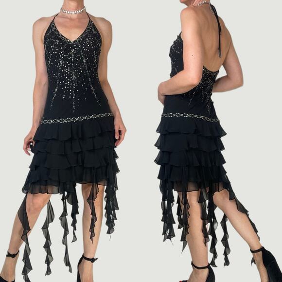 Sue Wong beaded sequin rosette halter silk‎ prom dress fairy cocktail Nocturne 4 - Picture 3 of 14